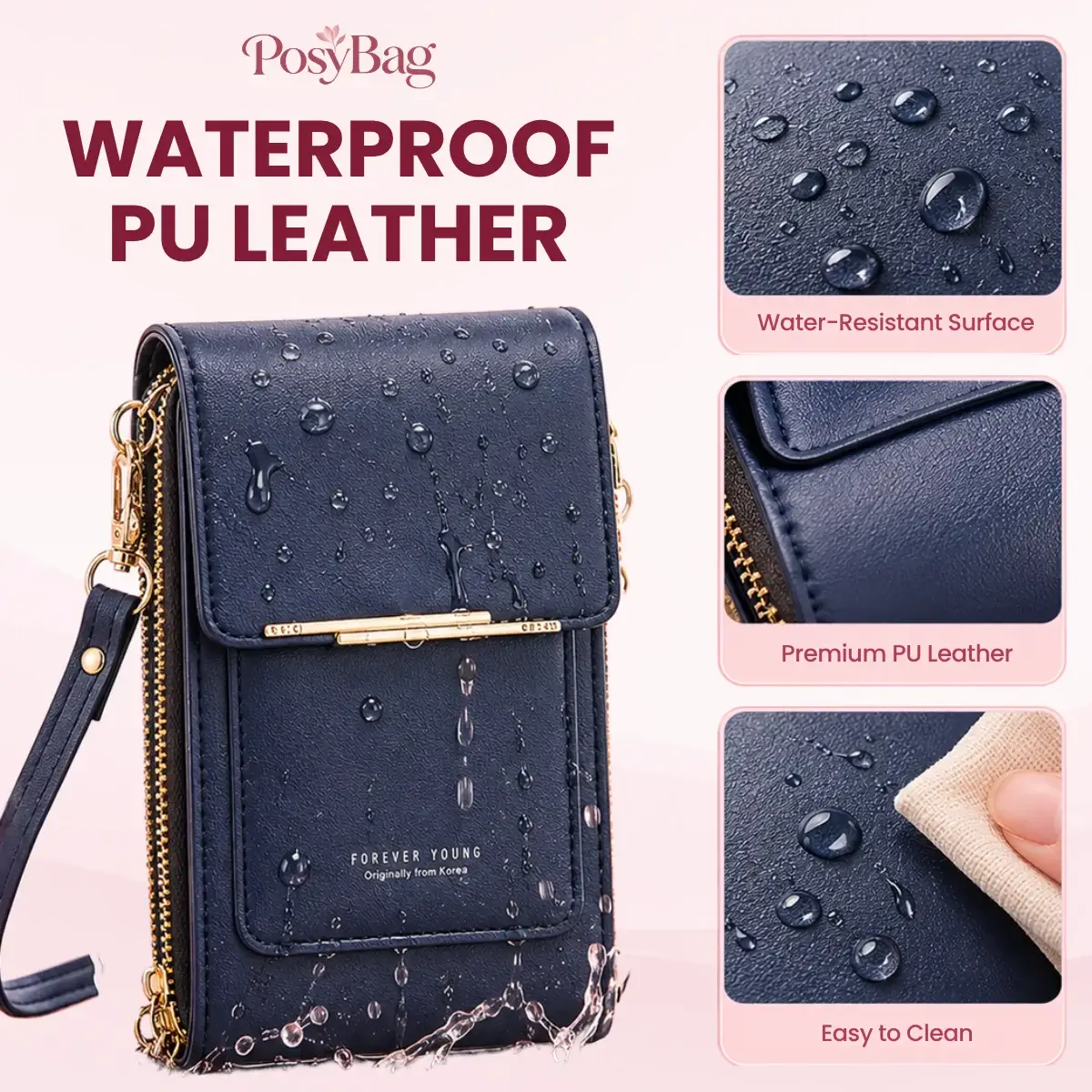 PosyBag - Touch Screen Waterproof Leather Crossbody Phone Bag for iPhone, Galaxy & Other