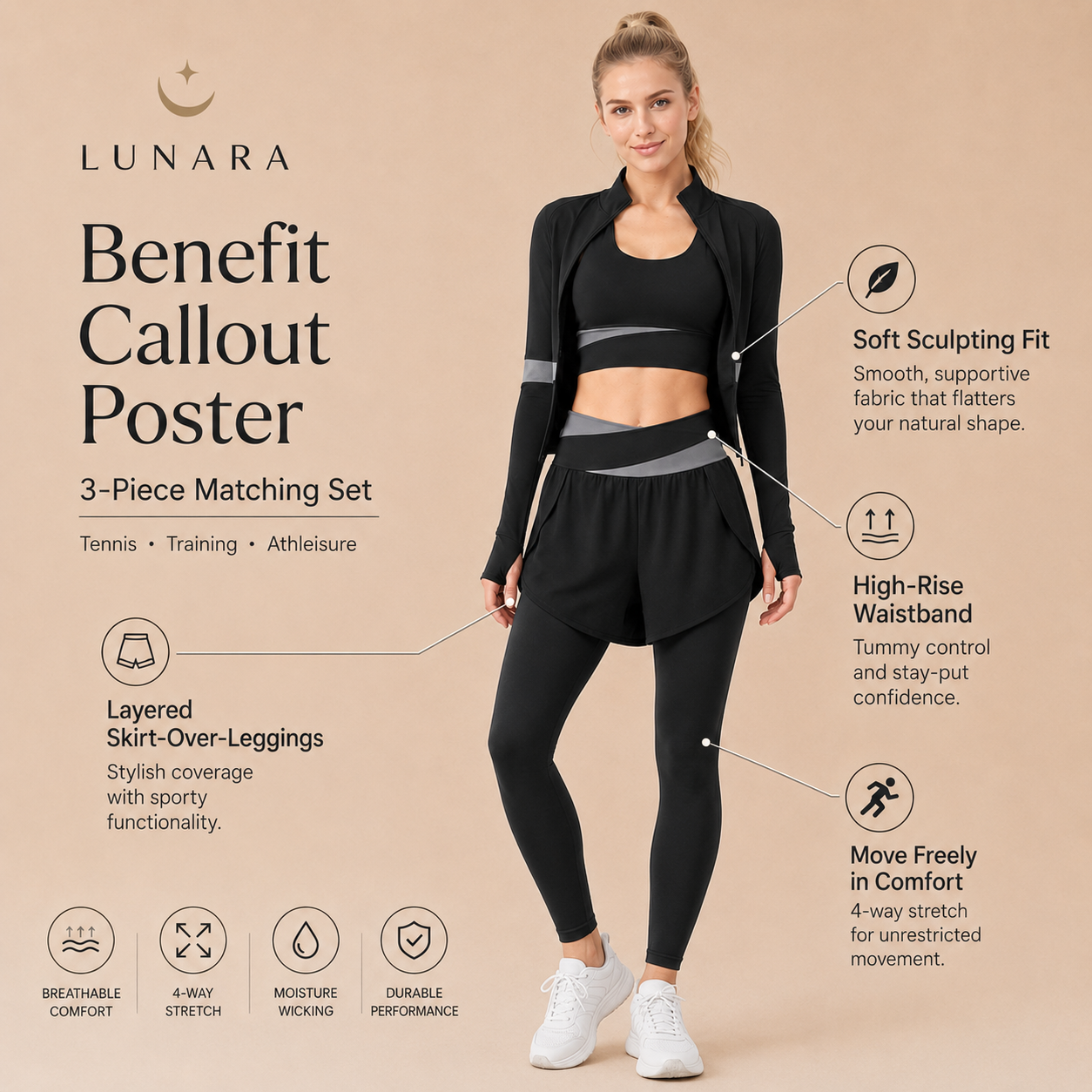 LunaFlex activewear benefit callout poster
