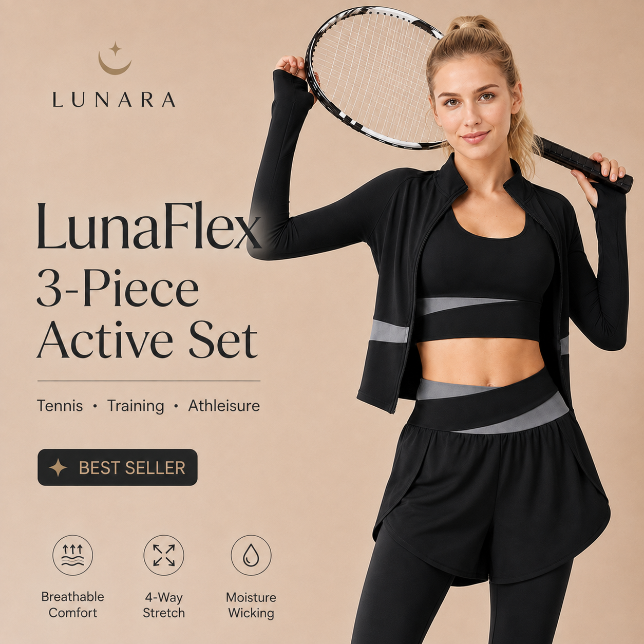 LunaFlex 3-piece activewear hero brand poster