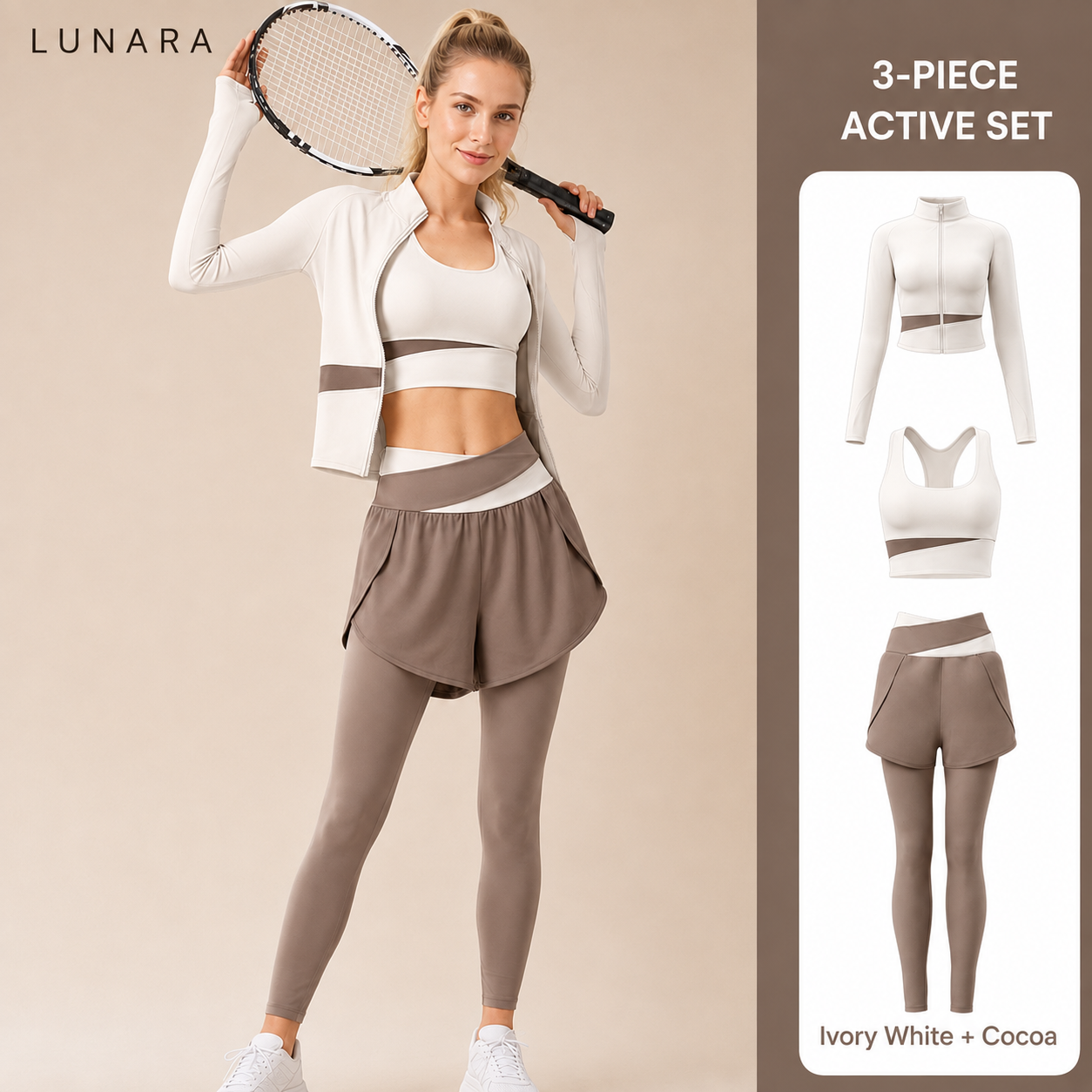 LunaFlex 3-piece active set in Ivory White and Cocoa