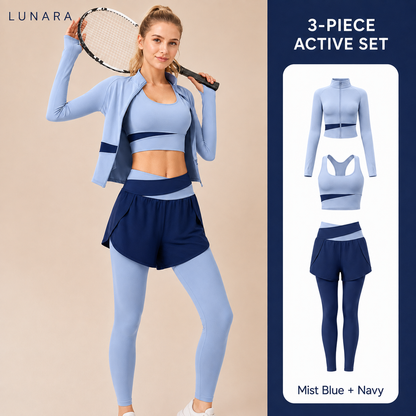 LunaFlex 3-piece active set in Mist Blue and Navy