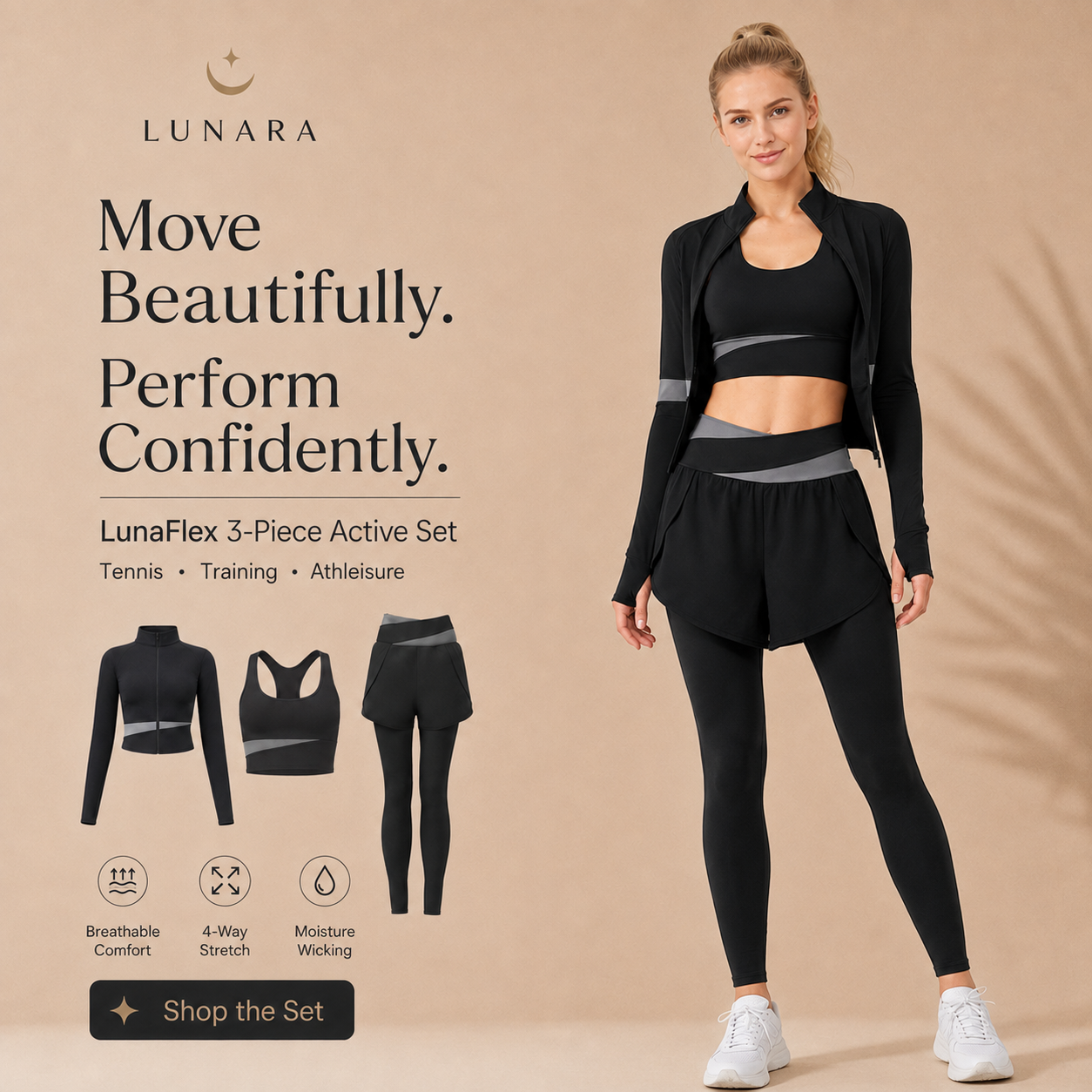 LunaFlex 3-piece activewear premium closing visual