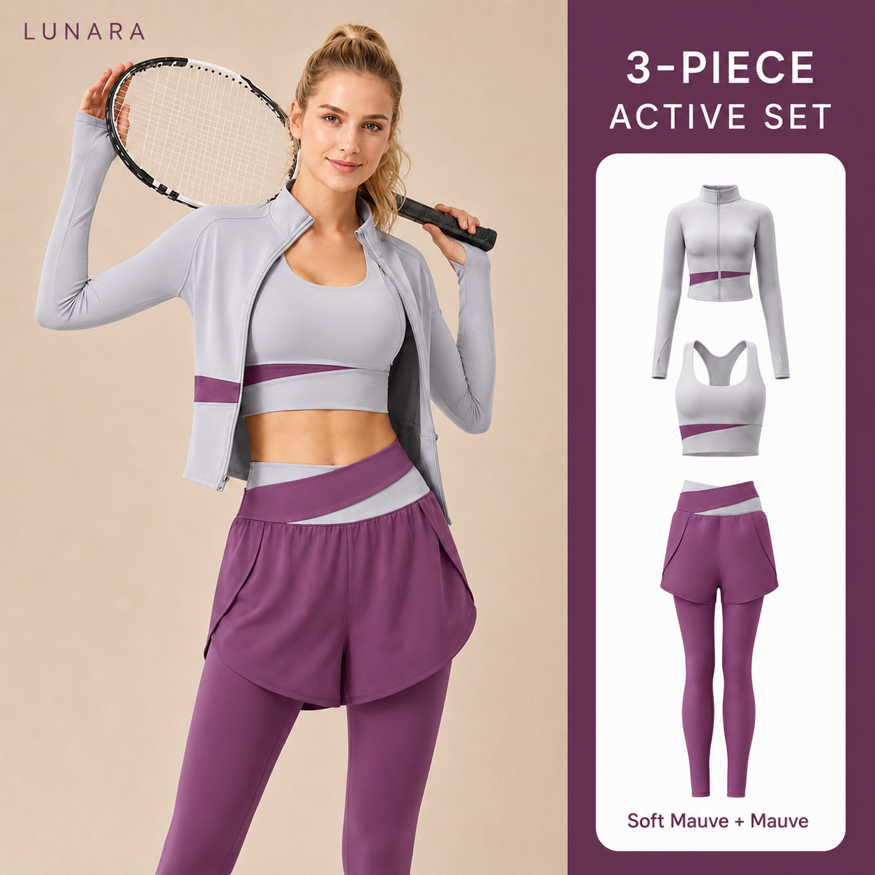 LunaFlex 3-piece active set in Soft Mauve and Mauve