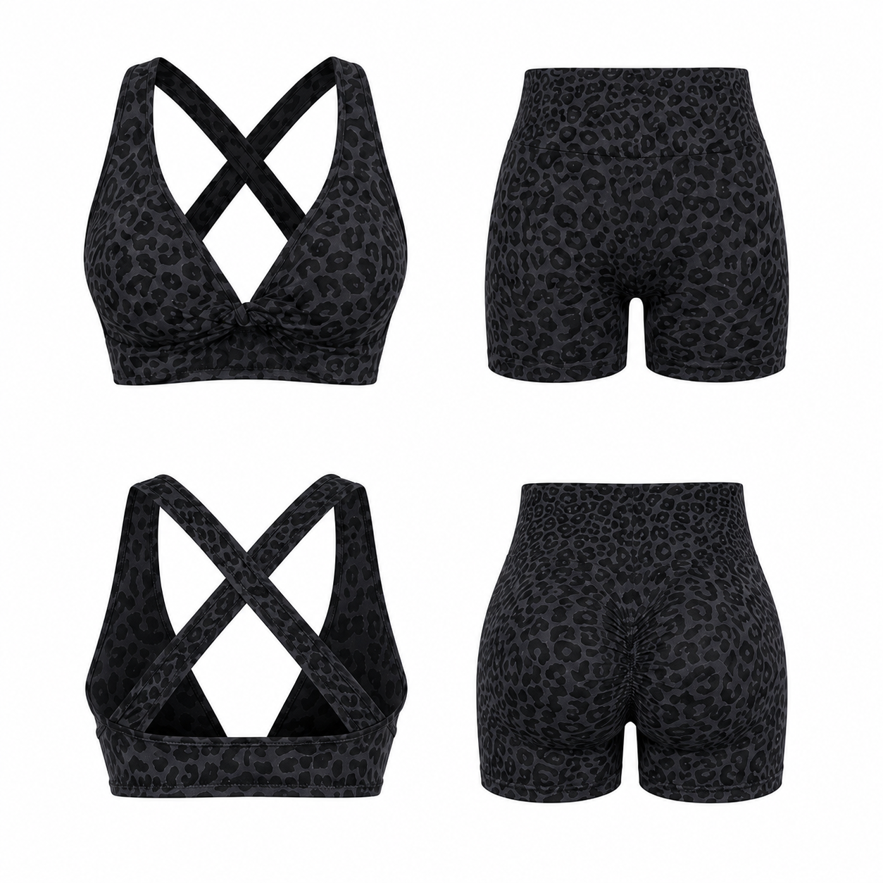 Charcoal Leopard VYRA Sculpt Seamless Activewear Set, front and back views