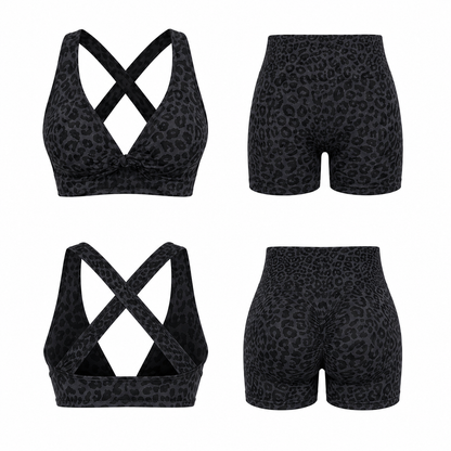 Charcoal Leopard VYRA Sculpt Seamless Activewear Set, front and back views