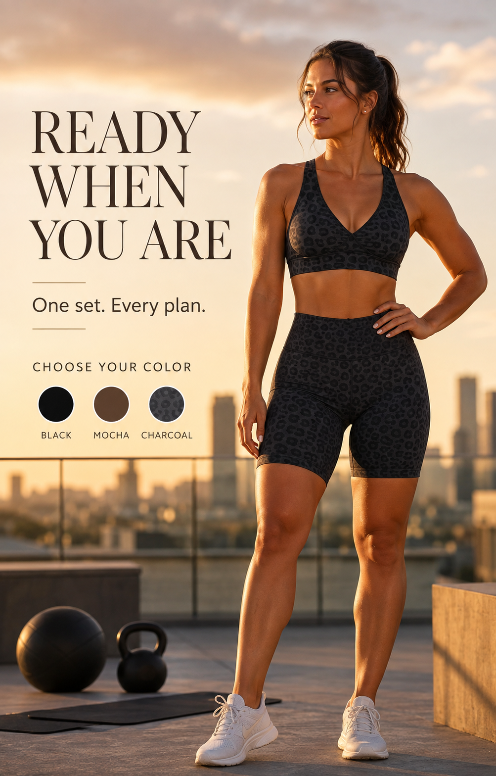 Charcoal VYRA Sculpt activewear set at golden hour