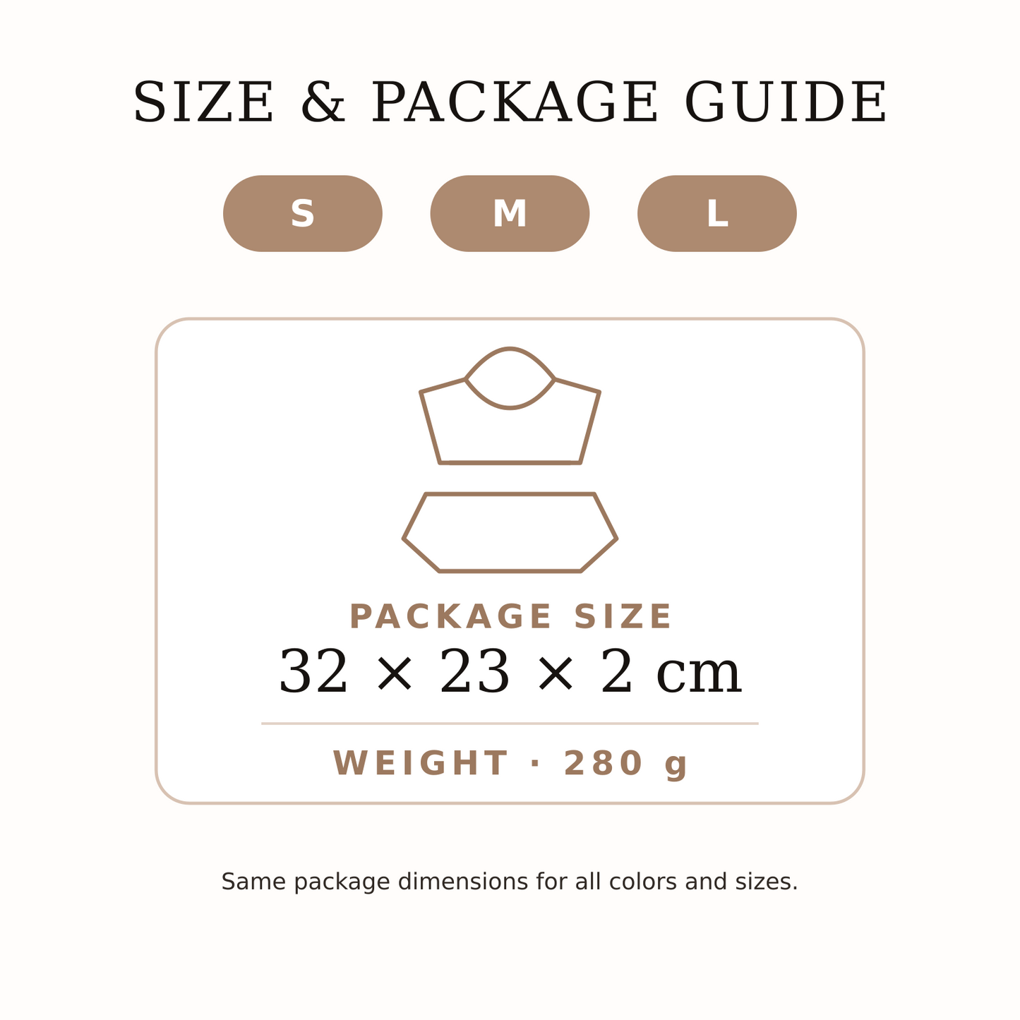 VYRA Sculpt size and package guide: sizes S, M, L; package 32 by 23 by 2 cm; weight 280 g