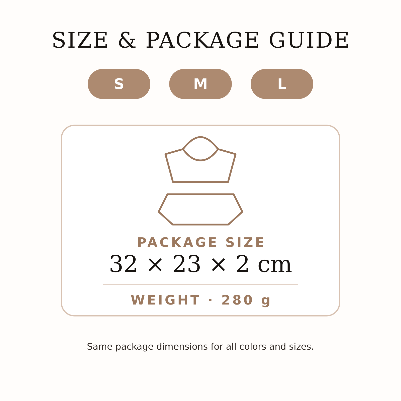 VYRA Sculpt size and package guide: sizes S, M, L; package 32 by 23 by 2 cm; weight 280 g