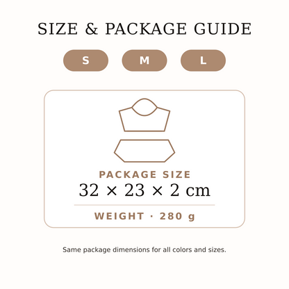 VYRA Sculpt size and package guide: sizes S, M, L; package 32 by 23 by 2 cm; weight 280 g