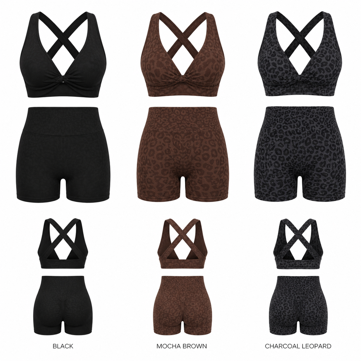 VYRA Sculpt activewear set in Black, Mocha Brown, and Charcoal Leopard