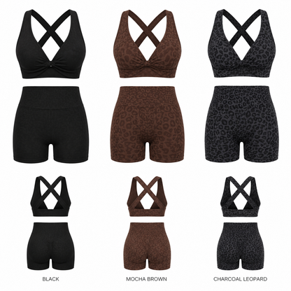 VYRA Sculpt activewear set in Black, Mocha Brown, and Charcoal Leopard